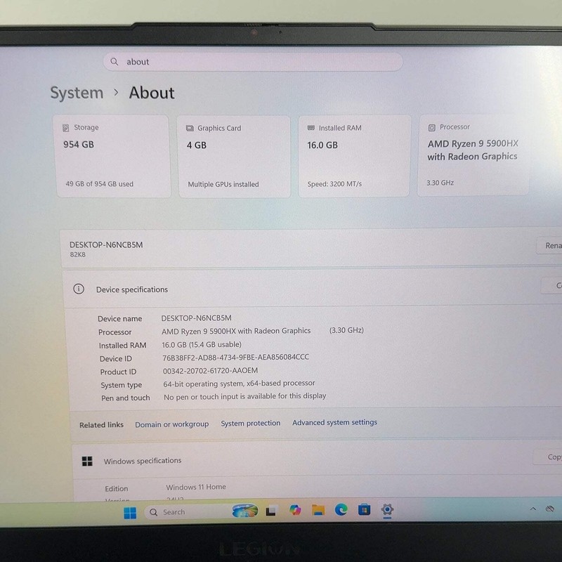Lenovo Legion S7 15ACH6 Ryzen 9 5900HX 16GB RAM 1TB SSD RTX 3050 Ti UHD 4K gallery