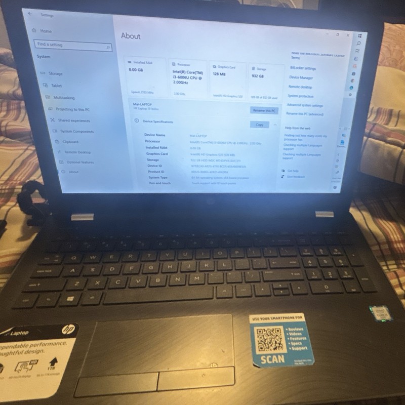 HP Laptop 15-bs0xx Intel Core i3-6006U 8GB RAM 932GB HDD 15.6" Windows 10 Black gallery