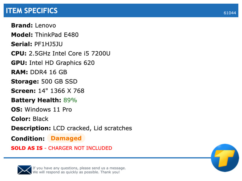 Lenovo ThinkPad E480 - 14" HD, 2.5GHz i5, 16 GB RAM, 500 GB SSD, Windows 11 Pro gallery