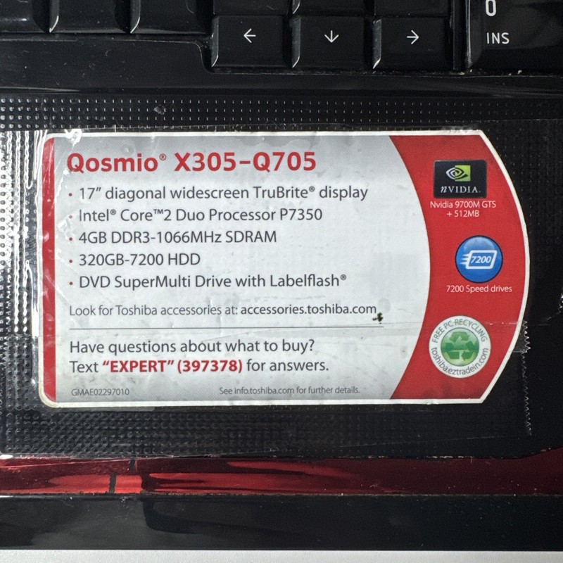 Toshiba Qosmio X305-Q705 17" Tested Working No Battery GTX 9700M Rare gallery