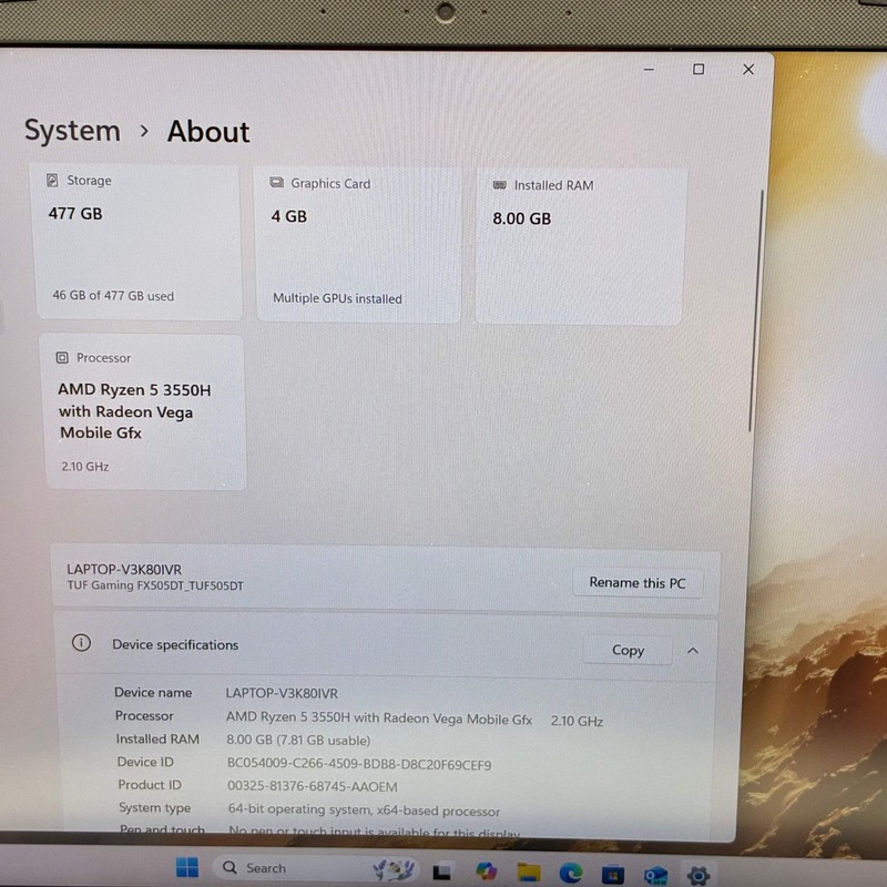Asus TUF505D 15.6 inch Laptop AMD Ryzen 5 8GB 512GB gallery