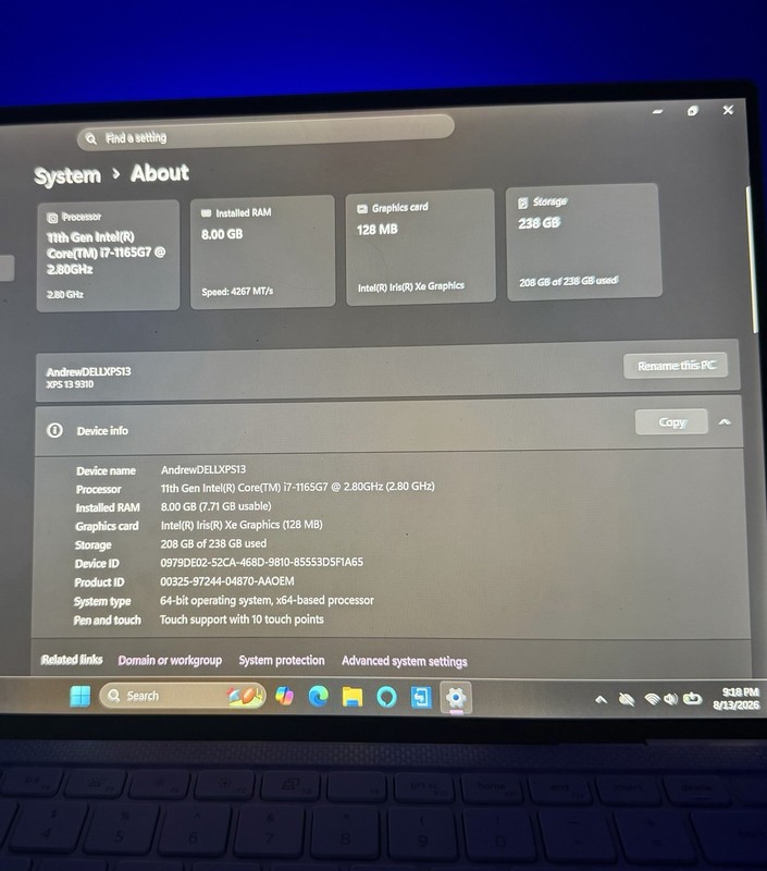 Dell XPS 13 9310 13.4" Touch i7-1165G7 8GB 238GB SSD Win 11 Silver gallery