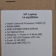 HP Laptop 14-dq3000dx 14in Intel Celeron N4500 4GB 64GB eMMC Win 11 S