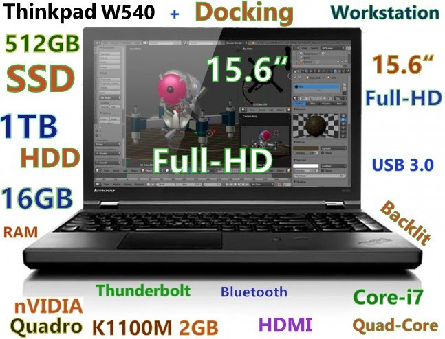 Lenovo Thinkpad W540 i7-QUAD (512GB SSD + 1TB HDD) 16GB 15.6 FHD K1100M DOCK gallery