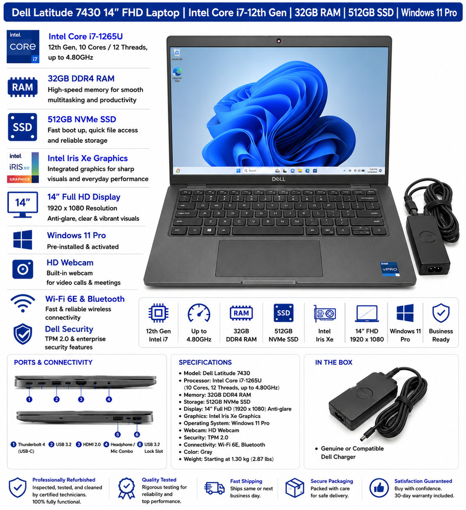 Dell Latitude 7430 14" FHD i7-1265U 32GB RAM 512GB SSD Win11 Pro