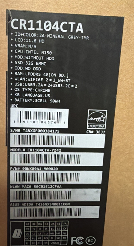 Asus Chromebook CR1104CTA 11.6" Intel N150 4GB DDR5 32GB eMMC Chrome OS gallery