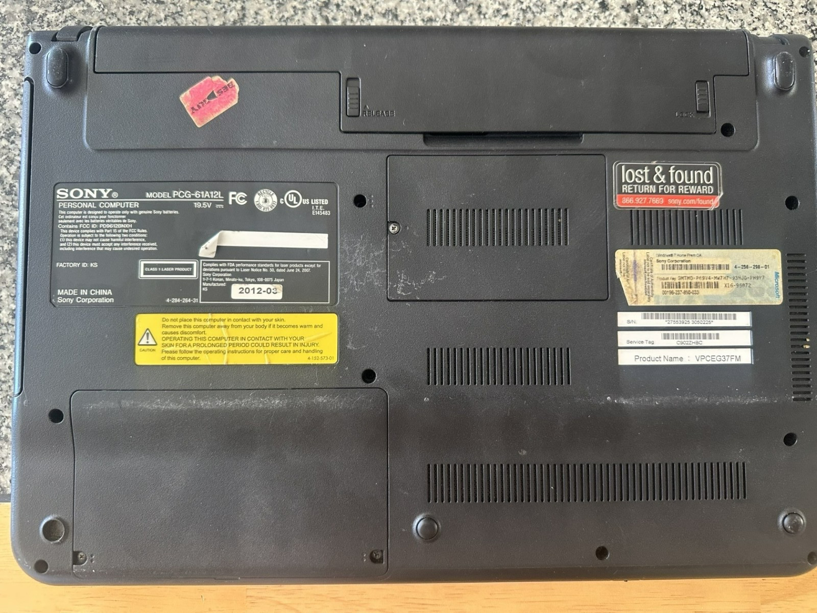 SONY PCG-61A12L VPCEG16FM Laptop Core I5-2410M 4GB 640GB for parts gallery