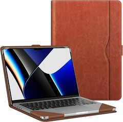 Brown PU Leather Folio Sleeve for 14 Inch MacBook Pro, Magnetic Closure Design