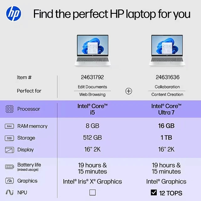 HP 16" 2K Laptop, Intel Core Ultra 7 255U, 16GB RAM, 1TB SSD, Backlit, 19 Hours gallery