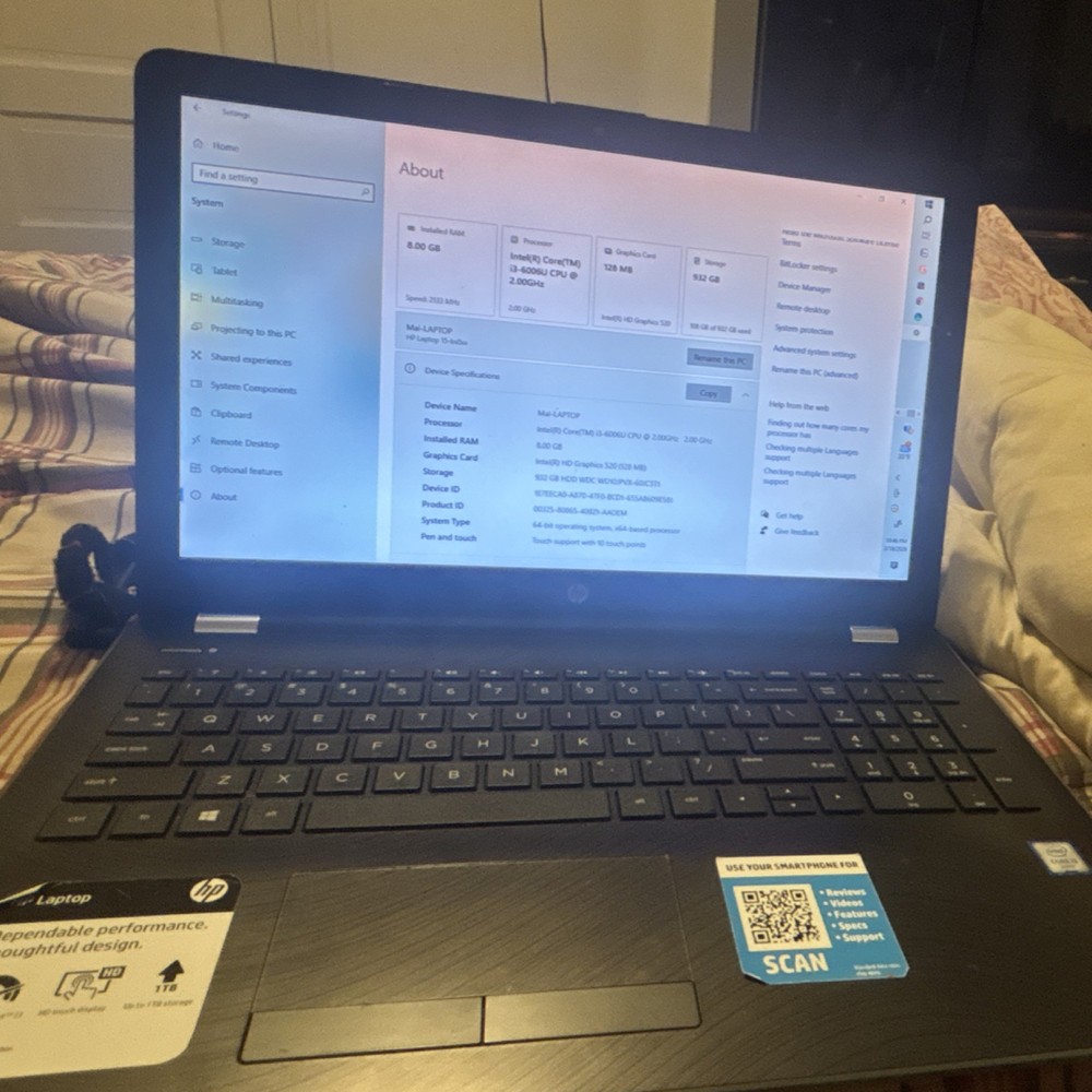 HP Laptop 15-bs0xx Intel Core i3-6006U 8GB RAM 932GB HDD 15.6" Windows 10 Black