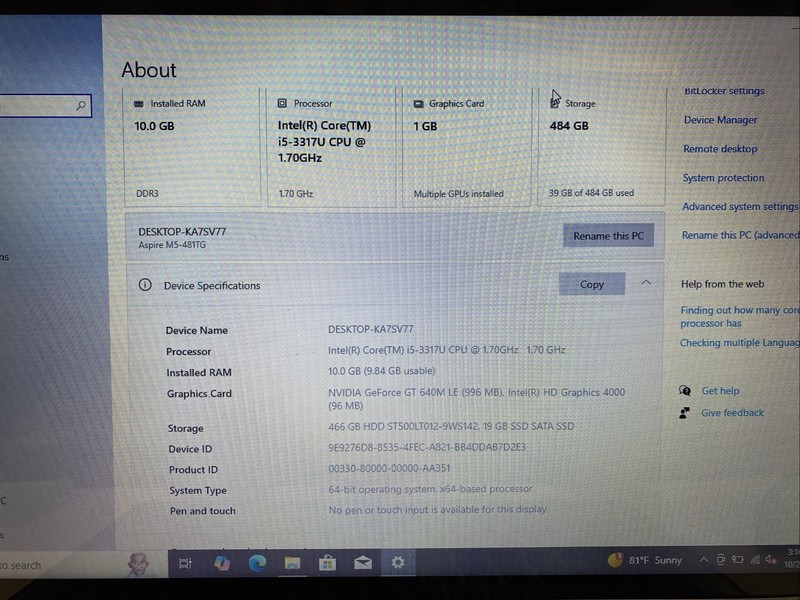 Acer Aspire M5 Laptop Intel Core i5-3317U 1.7GHz 10GB RAM 500GB SSD BAD BATTERY! gallery