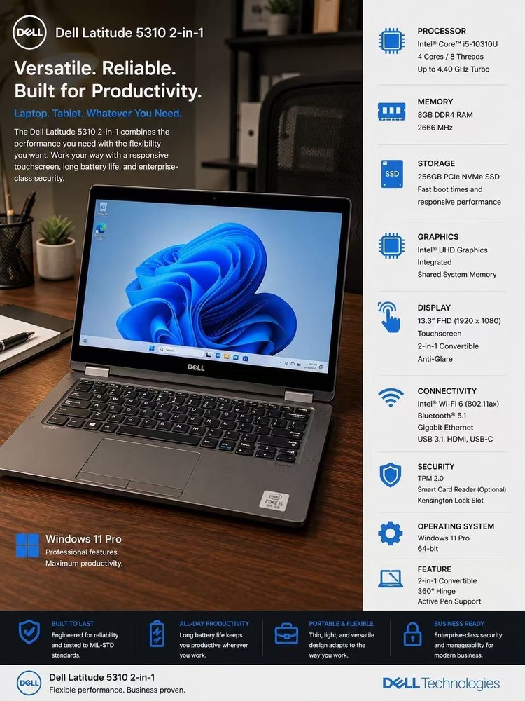 Dell Latitude 7310 2-in-1 Touch i5-10310U 8gb Ram 256gb SSD Intel UHD W11 Laptop