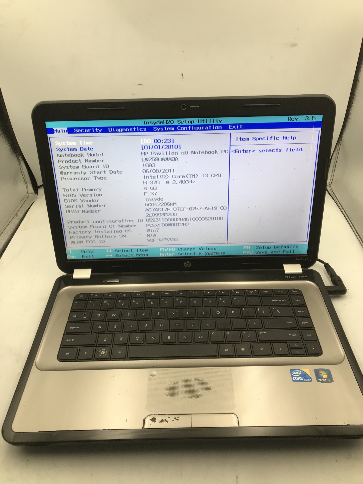 HP PAVILION G6 1B79DX - BOOTS TO BIOS - INTEL I3 M370 - NO RAM -READ DESCRIP- BB gallery