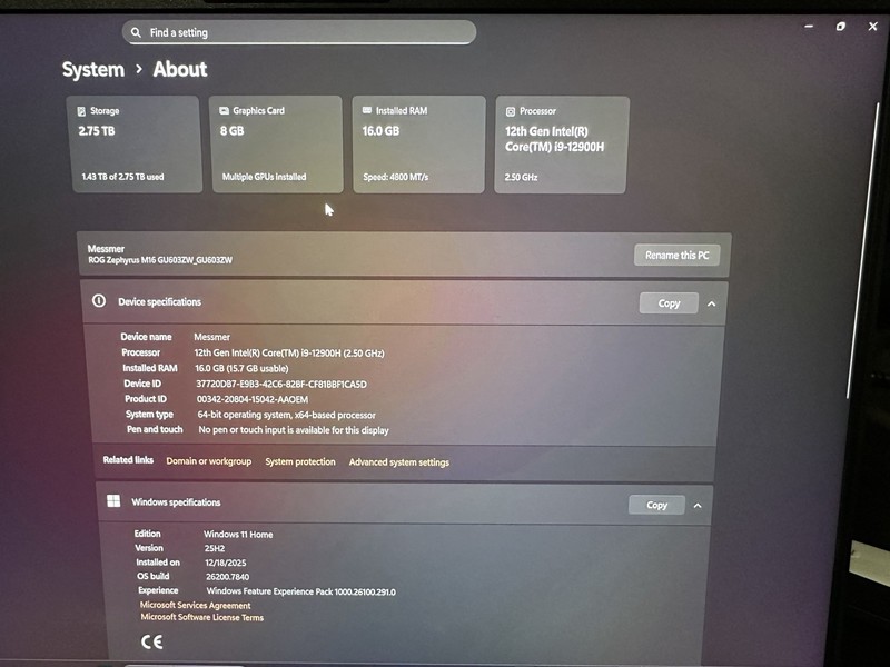 ASUS ROG Zephyrus M16 GU603ZW i9 RTX 3070 Ti 16GB 1TB SSD 16" Win11 gallery