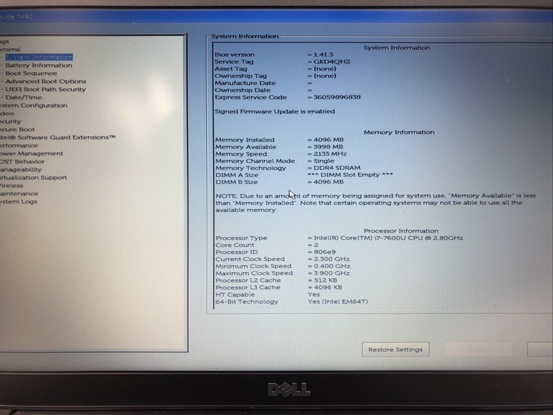 Dell Latitude 7480, Intel Core i7-7600U @2.80Ghz, 4GB RAM, NO SSD/OS, *READ* gallery