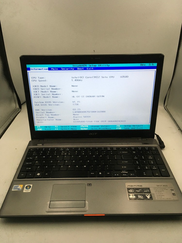 ACER ASPIRE 5810T - BOOTS TO BIOS - INTEL CORE 2 U3500 - 4GB RAM - 15" -READ- BB
