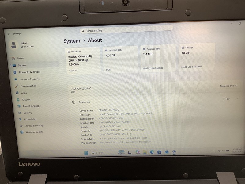 Lenovo N22 Intel Celeron N3050@ 1.60GHZ 4GB RAM 64GB SSD Windows 11 Pro Tested gallery