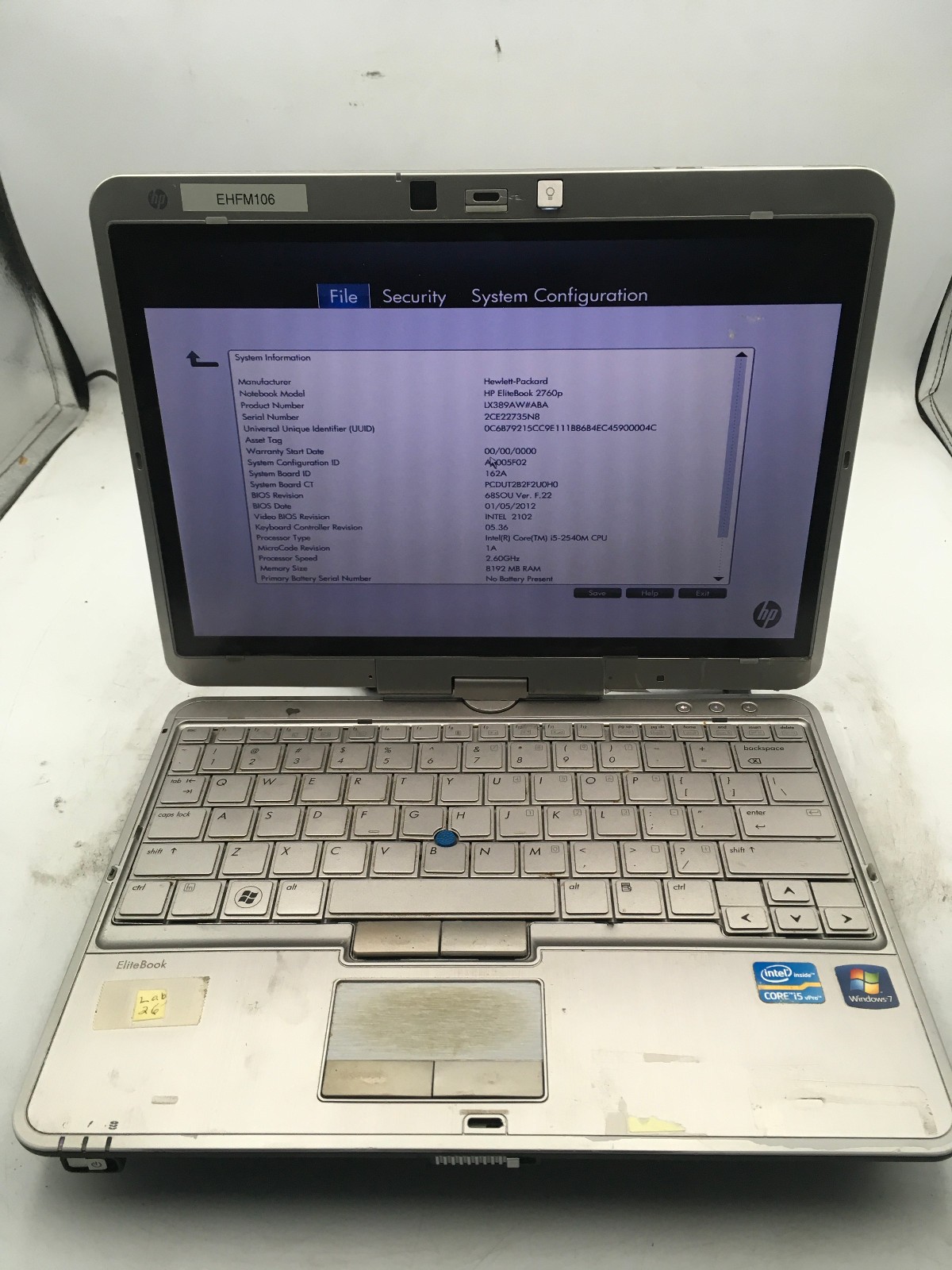 HP ELITEBOOK 2760P - BOOTS TO BIOS - INTEL I5 2540M - NO RAM - READ DESCRIP - BB gallery