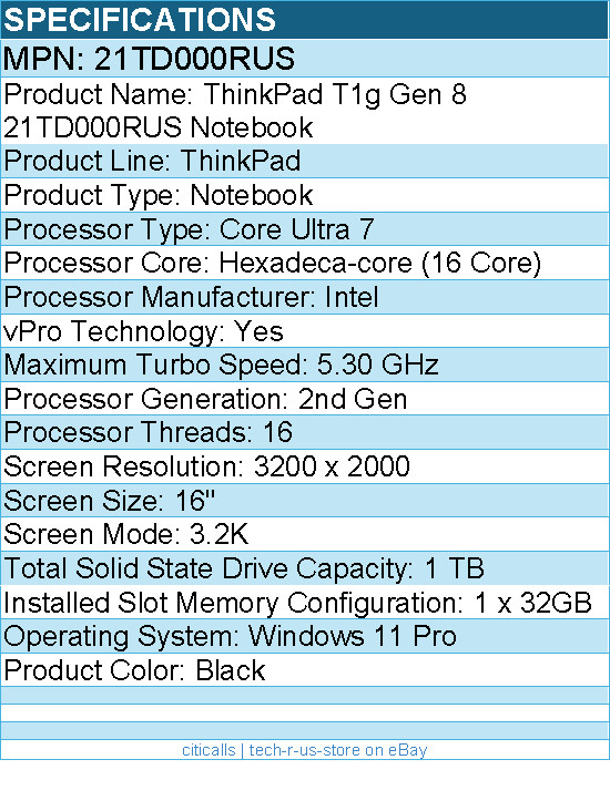 Lenovo 21TD000RUS ThinkPad T1g Gen 8 16" Touchscreen Notebook - Black gallery