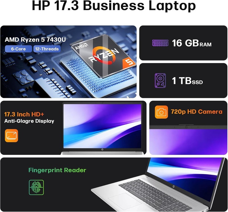 HP 17.3" Touch Laptop HD AMD Ryzen 5 7430U UP TO 64GB RAM 2TB Windows 11 Pro PC gallery