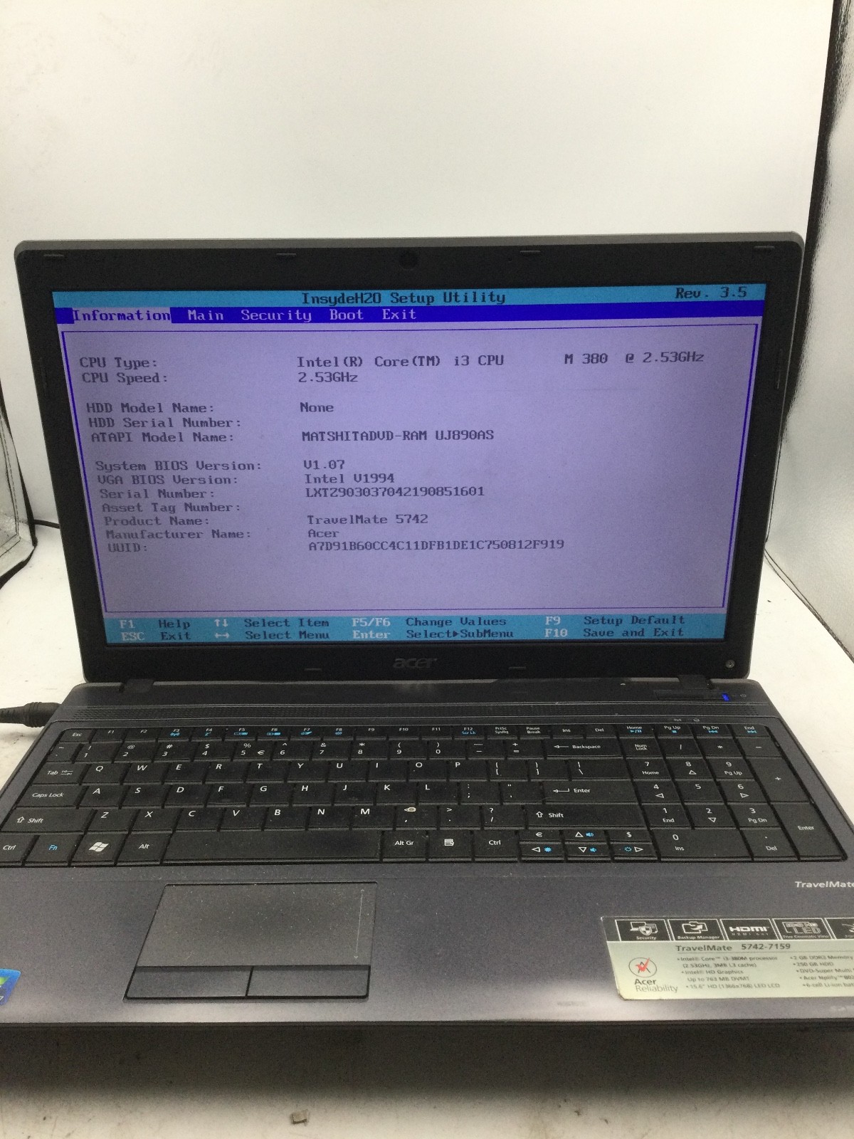 ACER TRAVELMATE 5742 - BOOTS TO BIOS - INTEL I3 M380 - NO RAM - READ DESCRIP-BB gallery