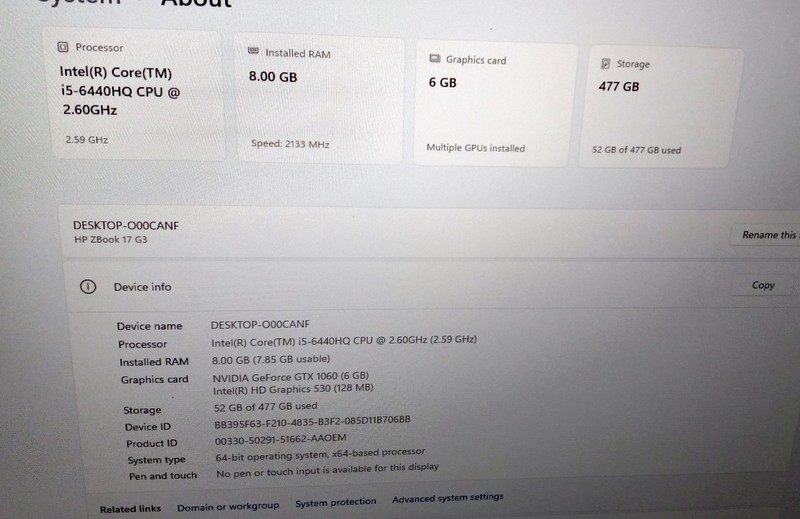HP ZBook 17 G3 laptop I5-6440HQ 2.6-3.5Ghz 8GB 256GB SSD NVIDIA GTX 1060 AX200 gallery