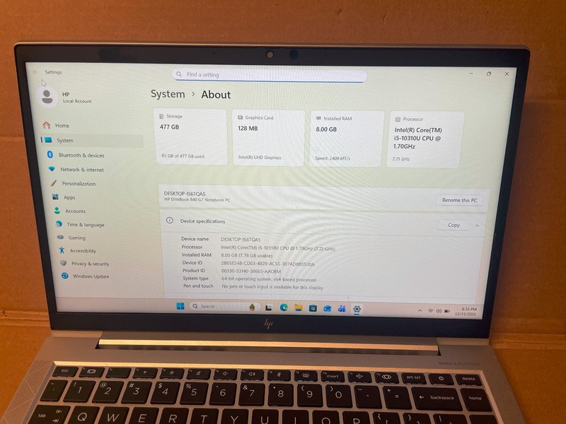 HP Elitebook 840 G7, Intel i5-10310U @ 1.70GHz, 8GB, 512GB NVMe. WIN 11 Pro. gallery