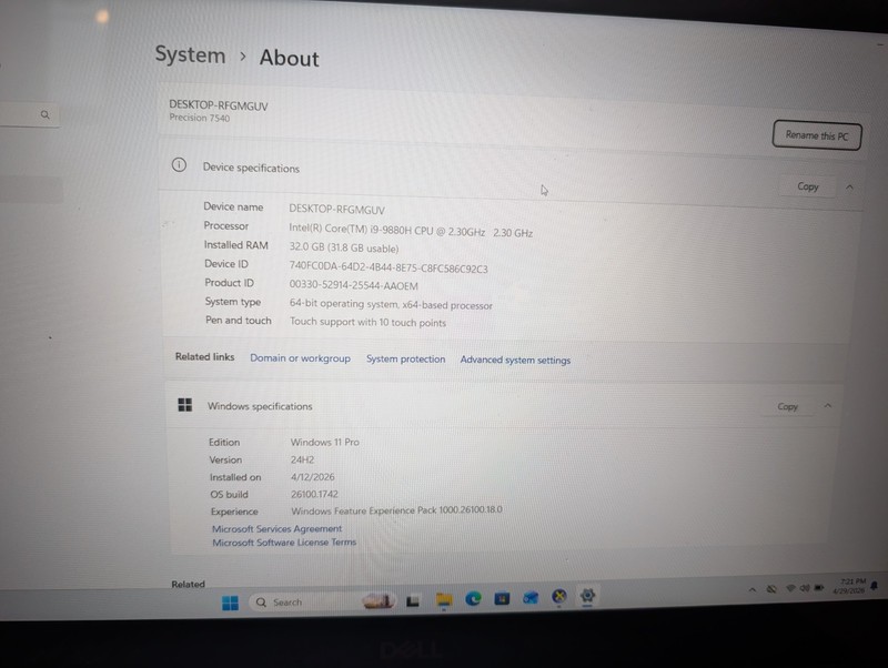 Dell Precision 7540 Intel Core i9-9880H 32GB RAM NVIDIA Quadro T1000 Win 11 Pro gallery
