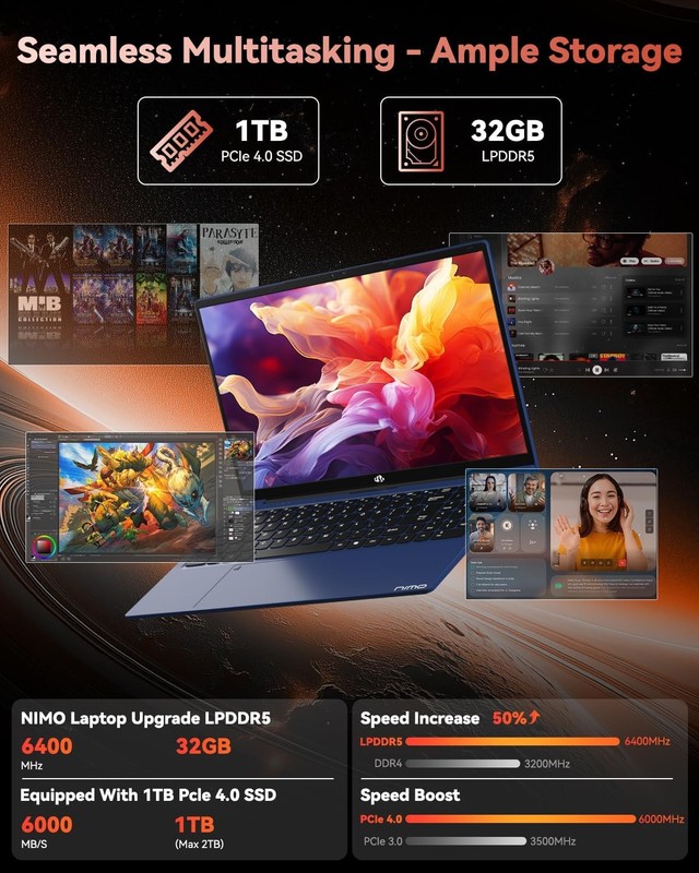 NIMO 15.6" Gaming Laptop 8 Cores AMD Ryzen 7 Pro 6850U 32GB LPDDR5 RAM 1TB SSD gallery