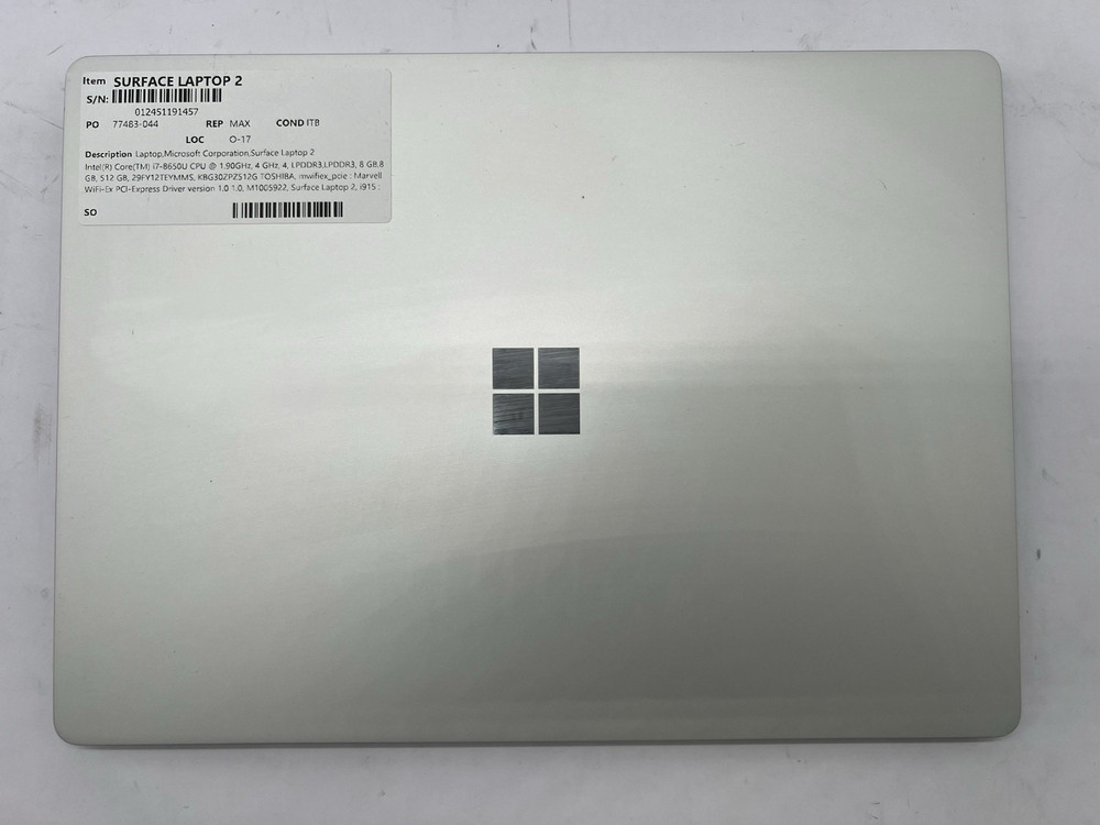 Microsoft Surface Laptop 2, i7-8650U, @ 1.90GHz, 16GB RAM, 512GB NVMe-No OS/AC