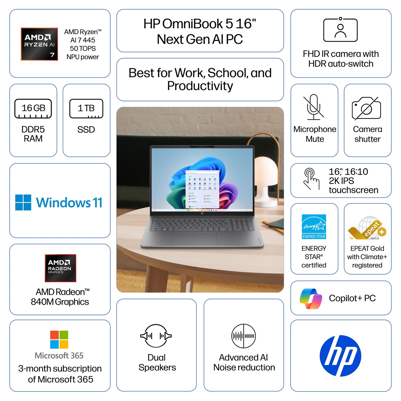 HP OmniBook 5 Laptop, 16 Inch 2K IPS Touchscreen, AMD Ryzen AI 7 445 Processor, gallery