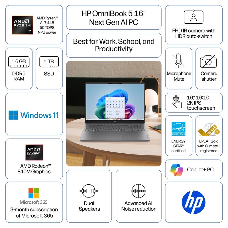 HP OmniBook 5 Laptop, 16 Inch 2K IPS Touchscreen, AMD Ryzen AI 7 445 Processor, gallery