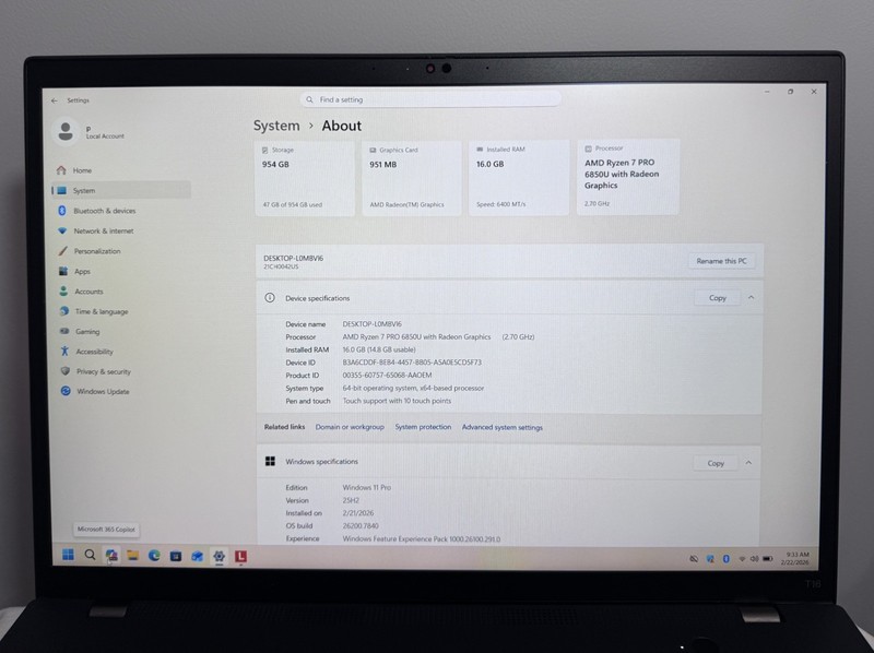 Lenovo ThinkPad T16 Gen 1 Ryzen 7 Pro 6850U 16GB RAM 1TB SSD Touch Win11 Pro gallery