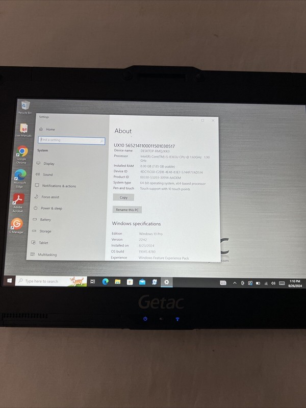 Getac Tablet UX10 I5-8365U 1.60GHz 256GB SSD 8GB Touch Battery Win10P A/C GRD B gallery
