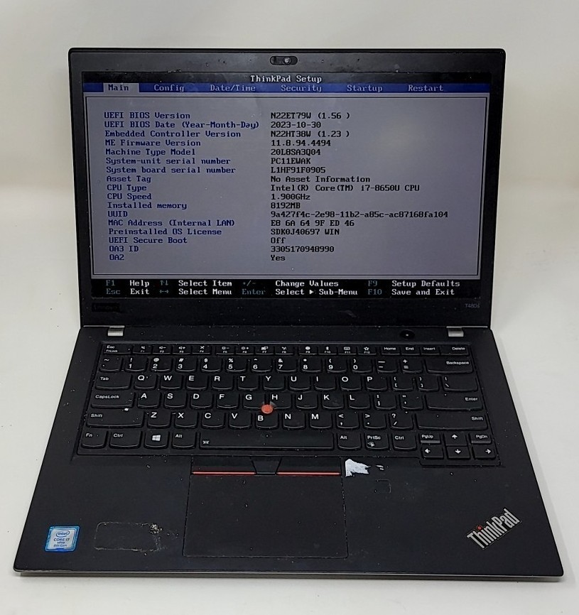 LENOVO ThinkPad T480s 20L8SA3Q04 Laptop Intel I7-8650U 8GB SEE NOTES