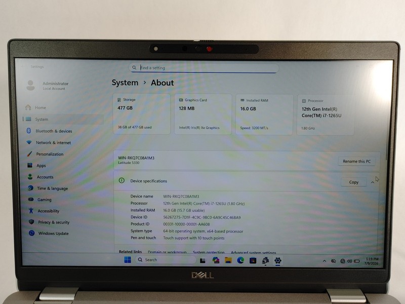 Dell Latitude 5330 Core i7-1265U 1.80 GHz 16 GB DDR4 512 GB NVMe Windows 11 Pro gallery