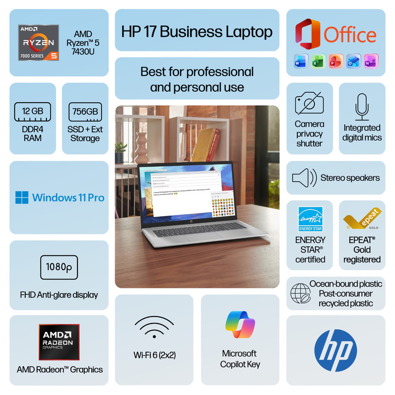 HP 17.3" Laptop AMD Ryzen 5, 12GB RAM 756GB Storage, Win 11 Pro Office, Open Box gallery
