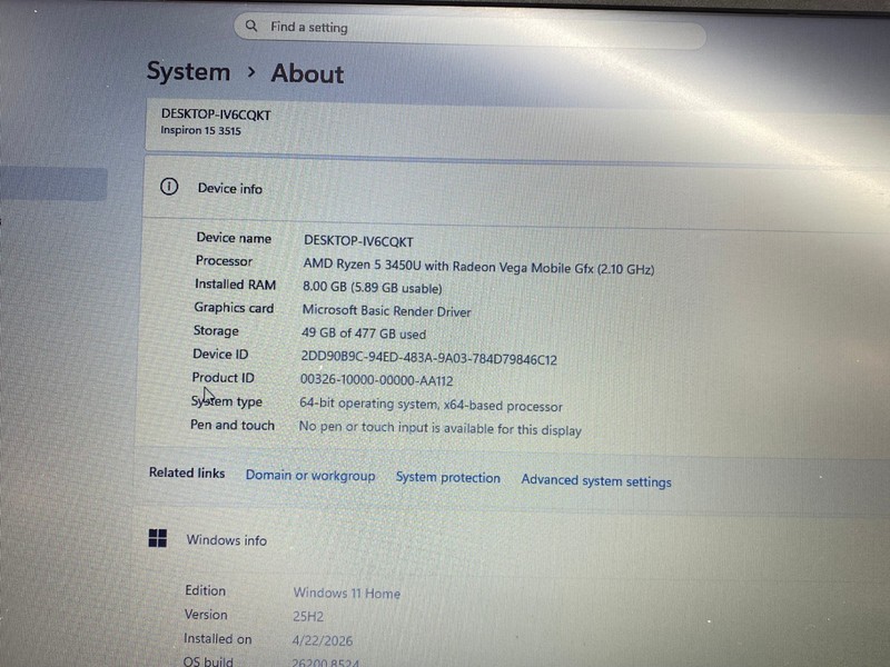 DELL INSPIRON 15 3515 RYZEN5 3450U@2.10GHz 8GB 512GB NVMe W11H w/RADEON VEGA GFX gallery