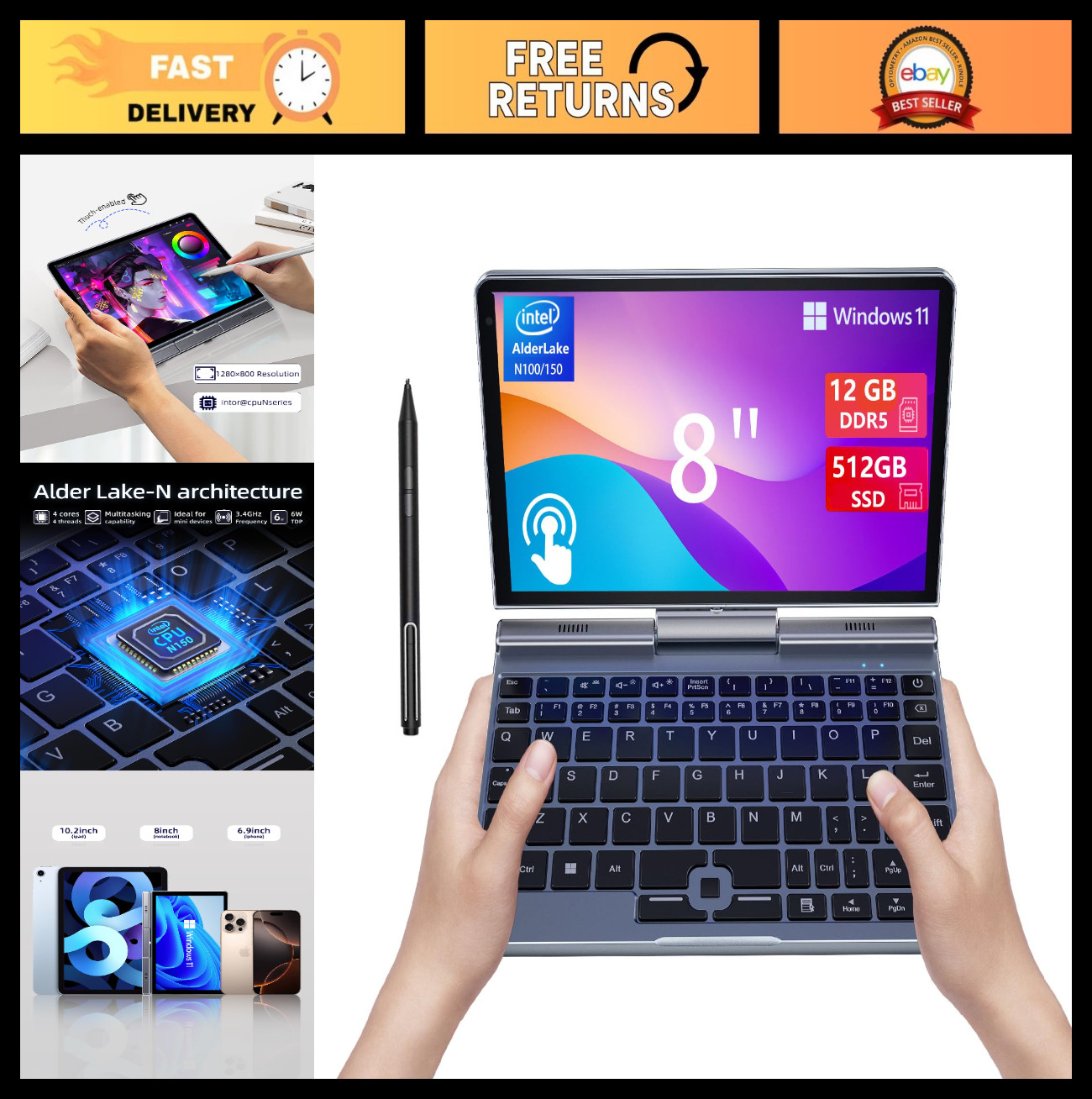 8" Mini 2-in-1 Laptop, HD Touchscreen, Win 11 Pro, 12GB RAM, 512GB SSD, Wi-Fi 6, gallery