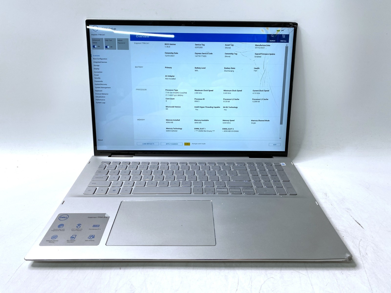 Dell Inspiron 7706 2-in-1 Touch i7-1165G7 4GB DDR4 No SSD - Broken Screen PARTS gallery