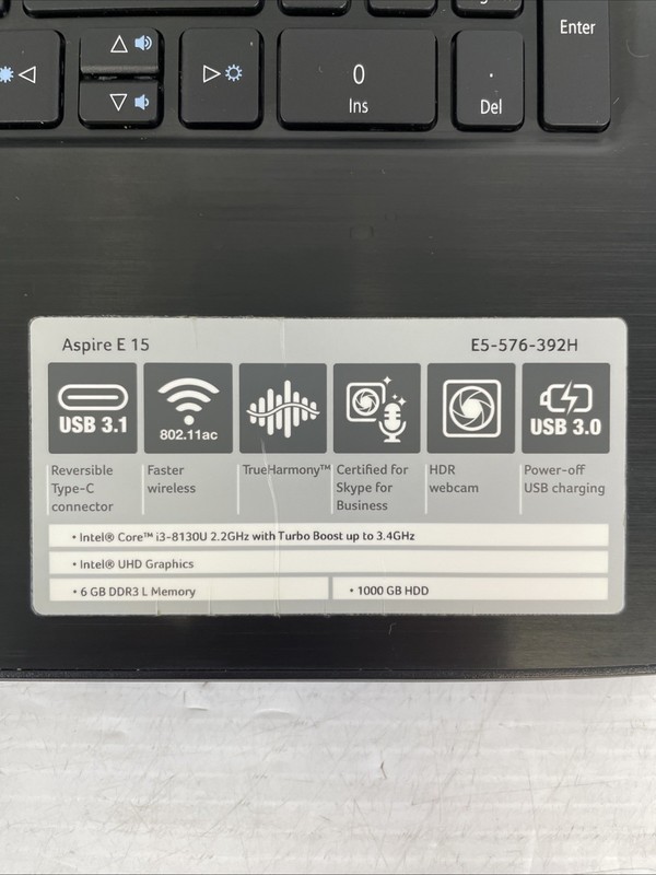 Acer Aspire E15-576-392H Intel Core i3-8130U 2.20GHz 6GB RAM 1TB HDD Windows 11 gallery
