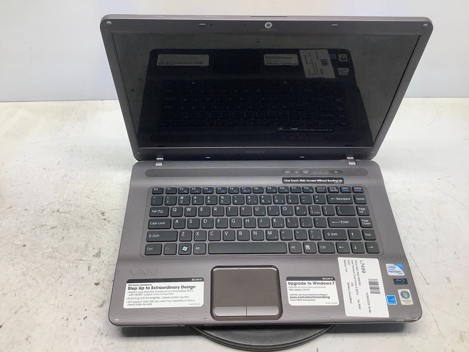 Sony Vaio VGN-NW100 Intel Pentium Dual-Core 2.2GHz No RAM NO HDD FOR PARTS gallery