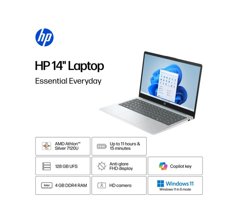 HP 14-em0002wm 14" Laptop AMD Athlon 7120U 4GB 128GB SSD Windows 11 - NEW SEALED gallery