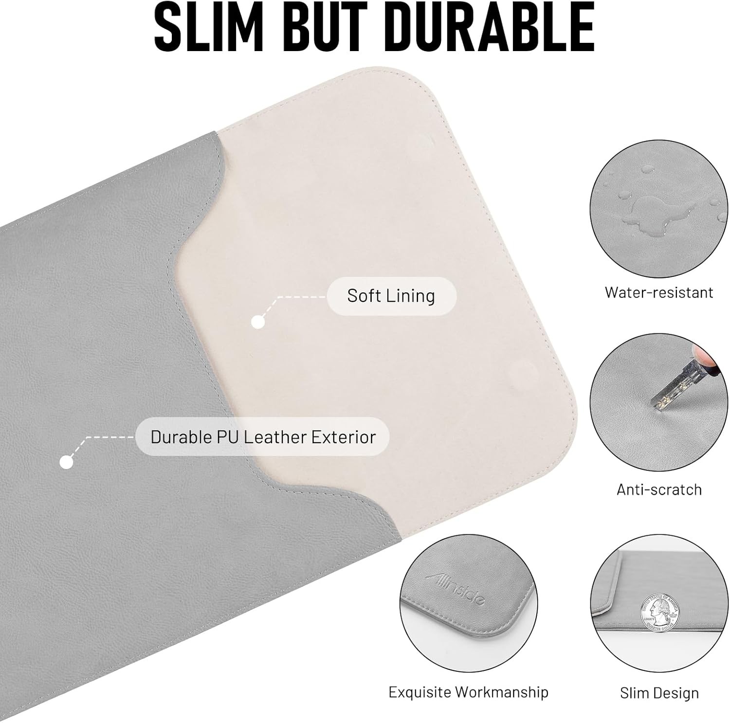 Gray Waterproof PU Leather Laptop Sleeve Bag for 15-16 inch MacBook Pro/Air gallery