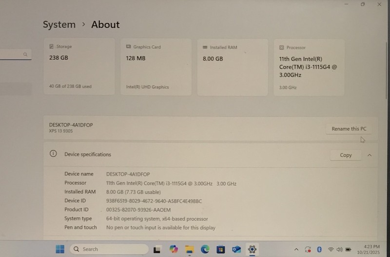 DELL XPS 13 9305 i3-1115G4@3.00GHz 8GB RAM 256GB NVMe W11H *READ gallery