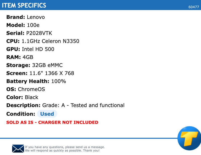 Lenovo 100e 11.6" HD 1.1GHz Celeron 4GB RAM 32GB eMMC Intel HD 500 ChromeOS gallery