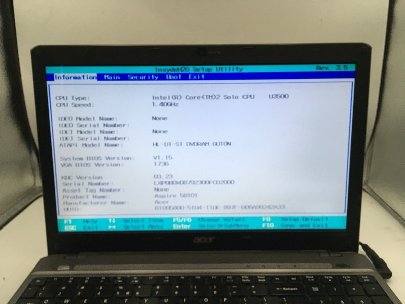 ACER ASPIRE 5810T - BOOTS TO BIOS - INTEL CORE 2 U3500 - 4GB RAM - 15" -READ- BB gallery