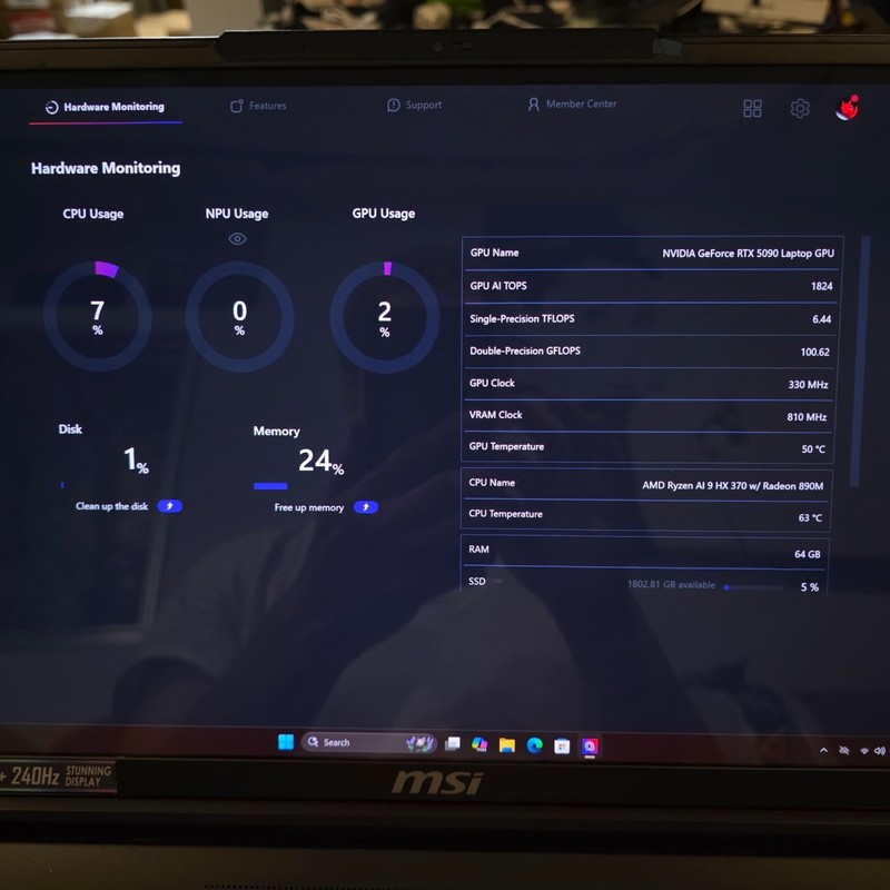 MSI Stealth A16 QHD+ OLED 240Hz Ryzen AI 9 HX 370 64GB 2TB RTX 5090 24GB DDR7 gallery