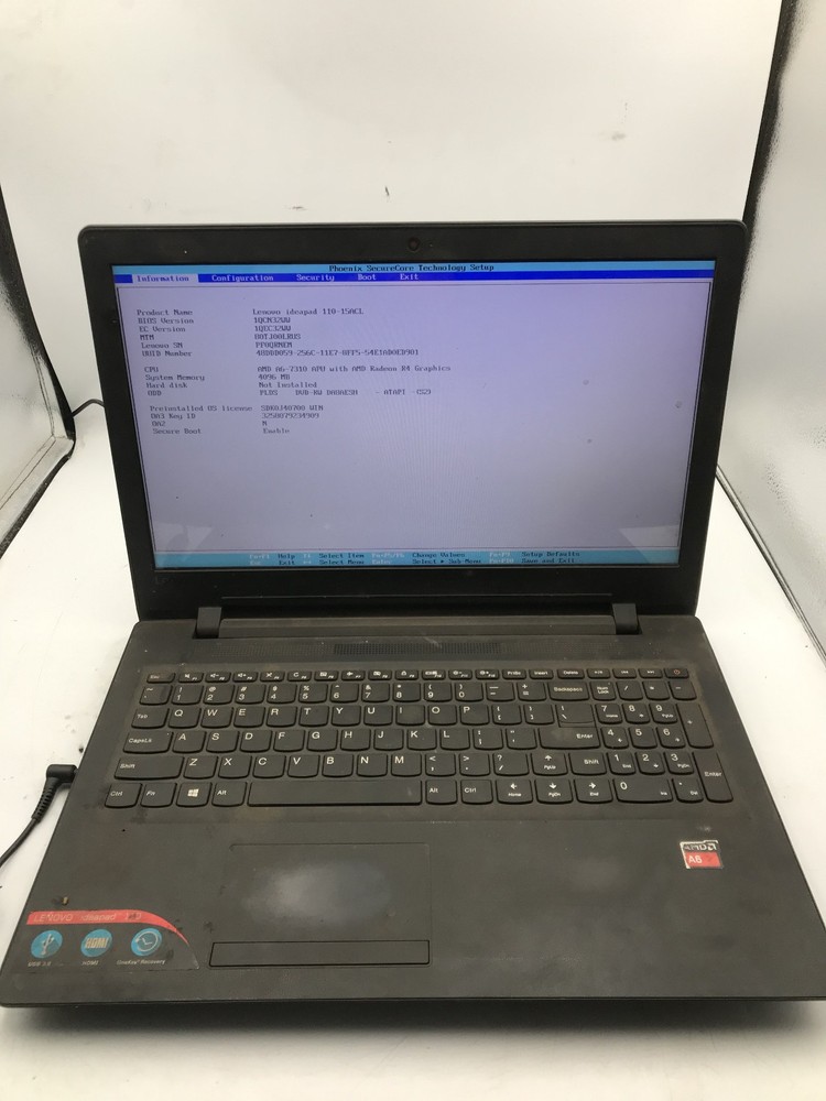 LENOVO IDEAPAD 110 15ACL - BOOTS TO BIOS - AMD A6 7310 - 4GB RAM - READ DESC -BB