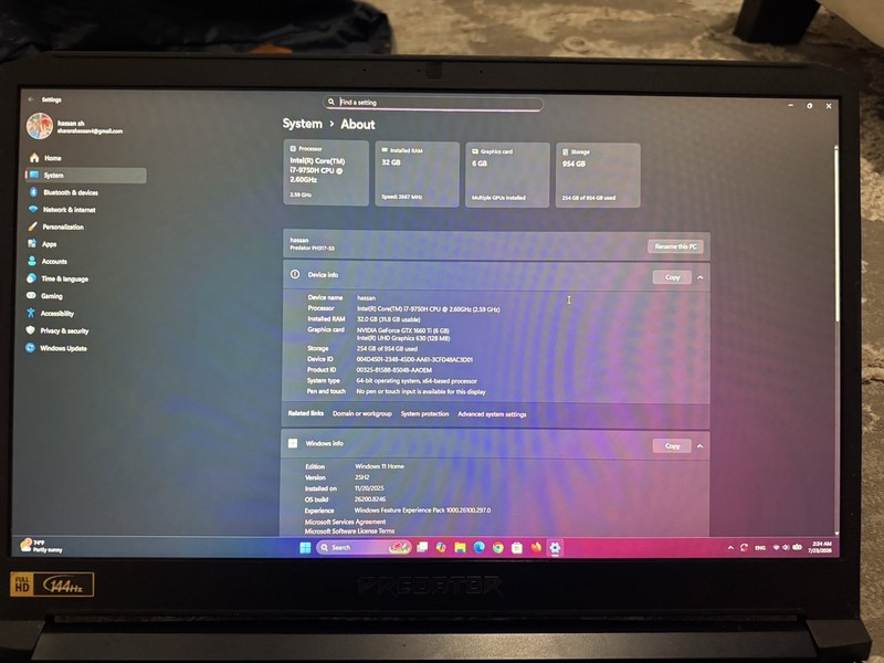 Acer Predator PH317-53 17.3" (144HZ)i7-9750H 32GB RAM 1TB SSD GTX 1660 Ti W11 gallery